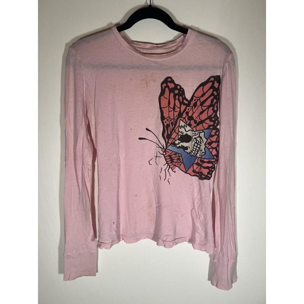 Vintage Y2K RARE Grail pink long slv tshirt butterfly graphic L retro coquette